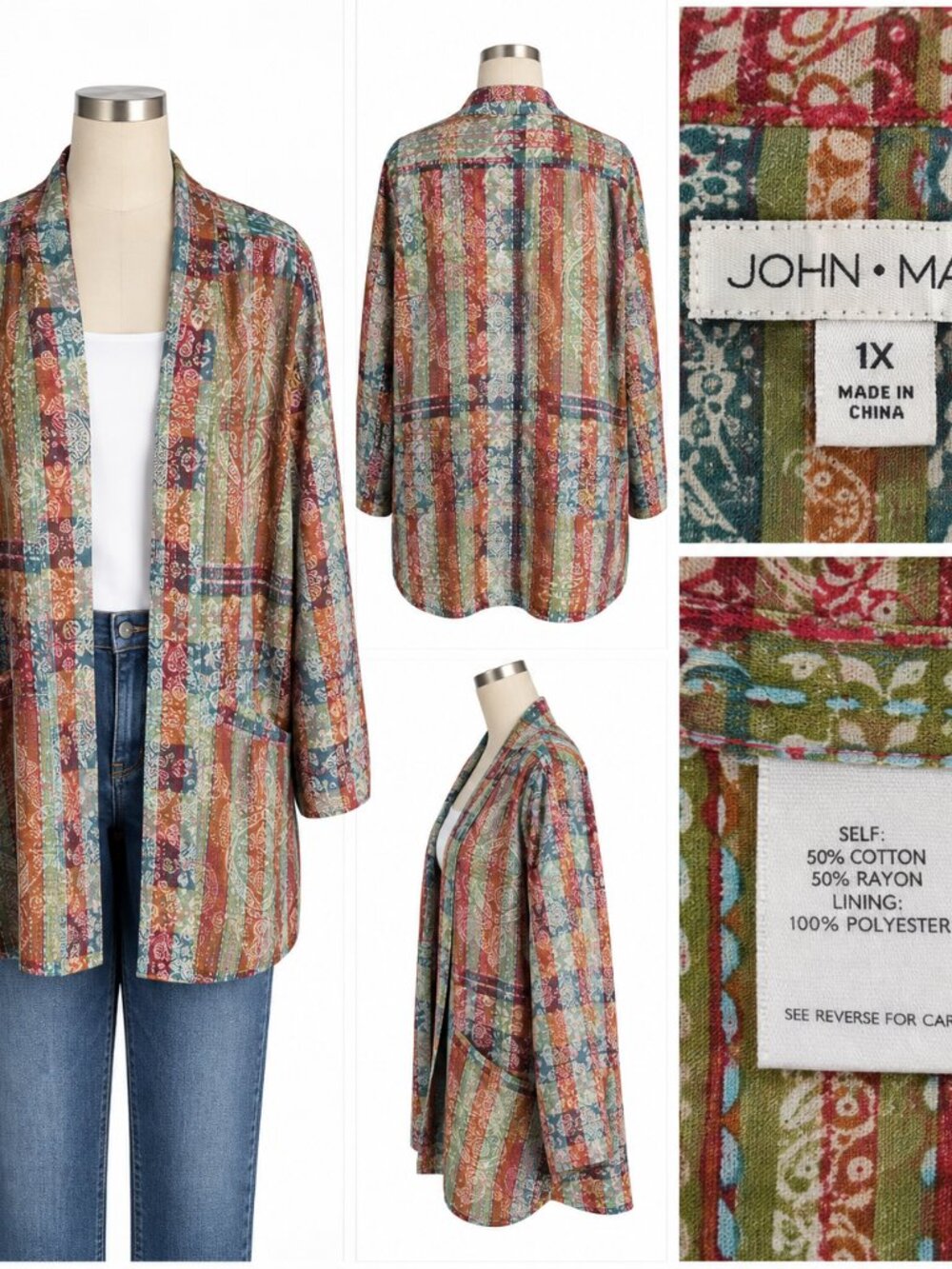 John Mark 1X Multicolor Paisley Open Front Cardigan Boho Artsy Cotton Rayon